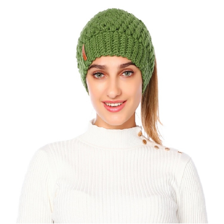 

Ladies Knit Hat Ponytail Hat Autumn and Winter Earmuffs Wool Cap, Size:One Size(Green)