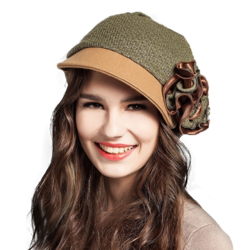 

Retro Winter Female Elegant Woolen Beret with Flowers(Army Green )