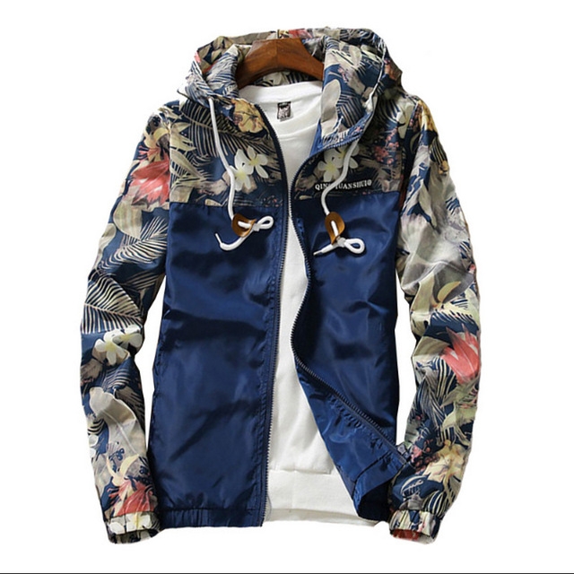 

Floral Bomber Jacket Men Hip Hop Slim Fit Flowers Pilot Bomber Jacket Coat Men's Hooded Jackets, Size: M(Navy Blue)