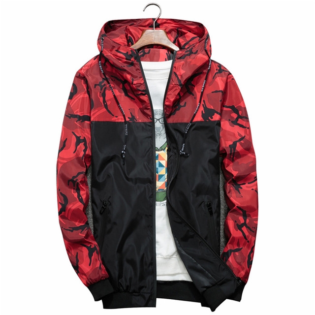 

Men Bomber Jacket Thin Slim Long Sleeve Camouflage Military Jackets Hooded, Size: 2XL(Red)