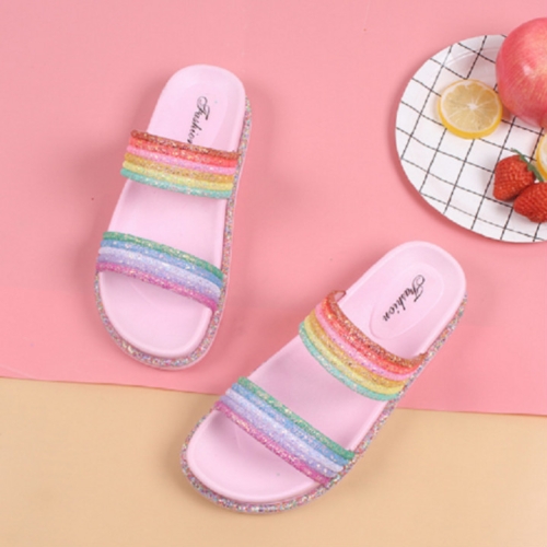 

Summer Slippers Shoes Women Shining Rainbow Slide Flat Beach Slippers, Shoe:38(Double Belt Pink)