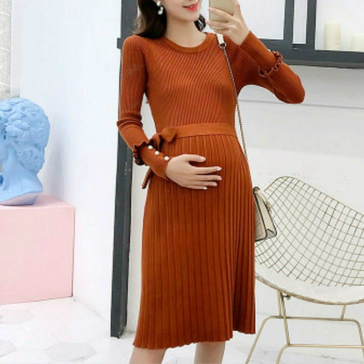 

Elegant Ruffles Maternity Knitted Dress Clothes, Size:L(Caramel)