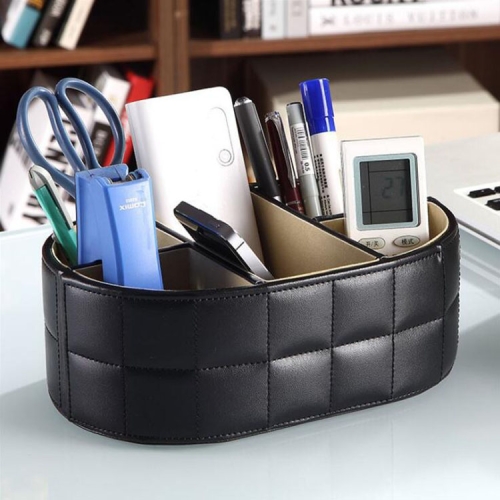

PU Leather Office Desk desktop Oval Storage Box Sundries Remote Control Key Storage Box Pen Holder(5 Grid-black Sheepskin Pattern)