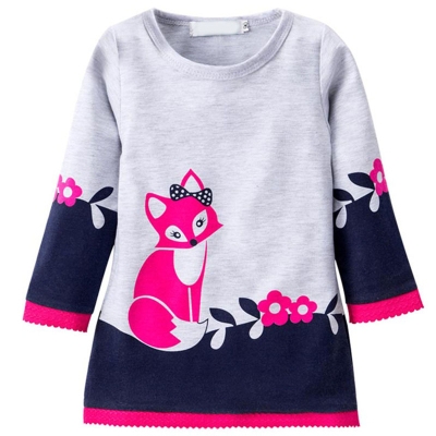 

Autumn Winter Girl Fox Print Pattern Long Sleeve Laciness Dress, Kid Size: 110cm(Dark Blue)