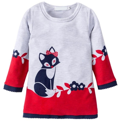 

Autumn Winter Girl Fox Print Pattern Long Sleeve Laciness Dress, Kid Size: 130cm(Red )