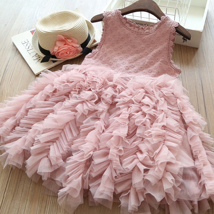 

Summer Girls Sleeveless Tutu Lace Dress, Kid Size:120cm(Pink)