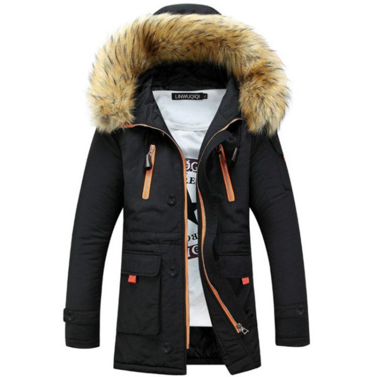 

Long Section Cotton Suit Men Plus Velvet Thick Warm Jacket Large Fur Collar Coat Lovers Jacket, Size:4XL(Black)