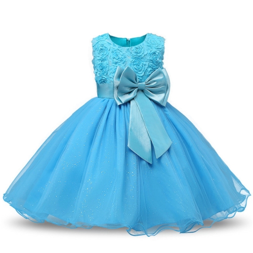 

Blue Girls Sleeveless Rose Flower Pattern Bow-knot Lace Dress Show Dress, Kid Size: 100cm
