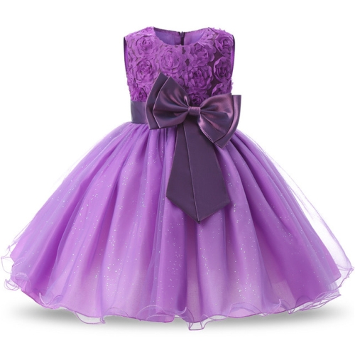 

Purple Girls Sleeveless Rose Flower Pattern Bow-knot Lace Dress Show Dress, Kid Size: 110cm
