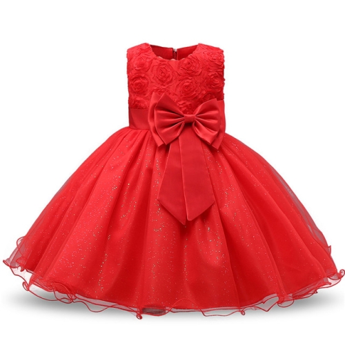 

Red Girls Sleeveless Rose Flower Pattern Bow-knot Lace Dress Show Dress, Kid Size: 100cm