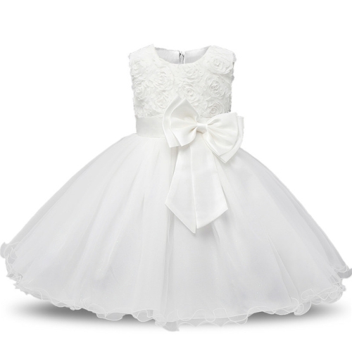 

White Girls Sleeveless Rose Flower Pattern Bow-knot Lace Dress Show Dress, Kid Size: 120cm