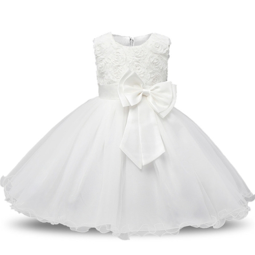

White Girls Sleeveless Rose Flower Pattern Bow-knot Lace Dress Show Dress, Kid Size: 100cm