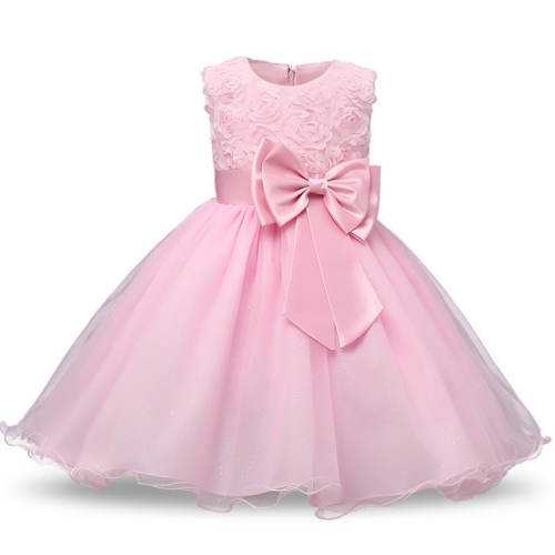 

Pink Girls Sleeveless Rose Flower Pattern Bow-knot Lace Dress Show Dress, Kid Size: 110cm