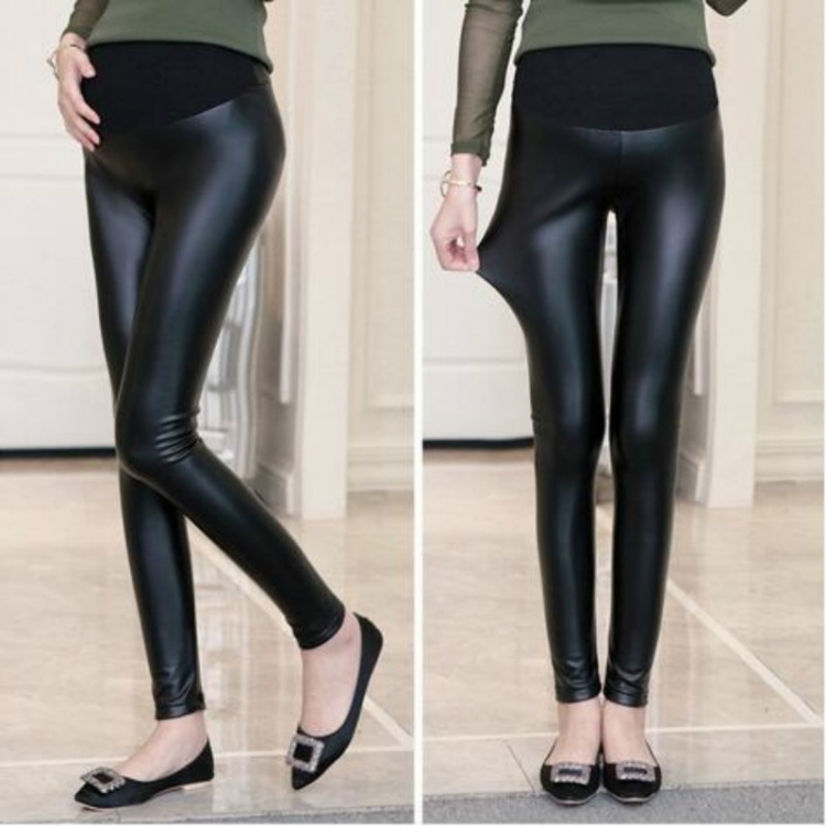 

Warm Pregnant Women Adjustable Maternity Leggings PU Leather Pants, Size:L