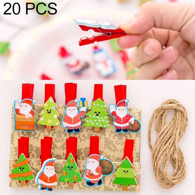 

2 Sets Christmas Wooden Clip Photo Clip Cute Cartoon Color Clip Photo Wall Clip with Hemp Rope Santa Claus and Christmas Tree