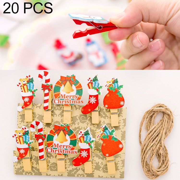 

2 Sets Christmas Wooden Clip Photo Clip Cute Cartoon Color Clip Photo Wall Clip with Hemp Rope Christmas Gift