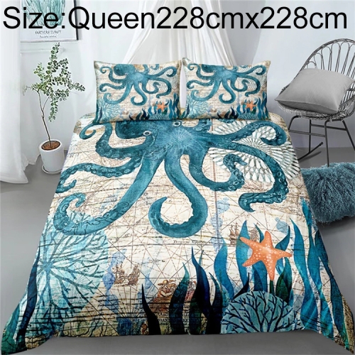 

Bedding Marine Series Whale Turtle Octopus Quilt Cover Three-piece, Size:Queen228cmx228cm(Octopus)