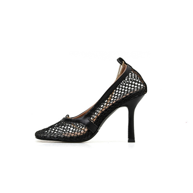 

Netted Hollow Square Head Stiletto Heel Sandals, Shoe Size:38(Black 7cm )