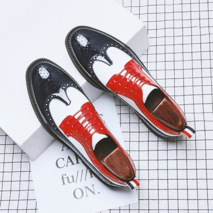 

Men British Business Casual Brock Color Matching Leather Shoes, Size:38(Red White Blue)