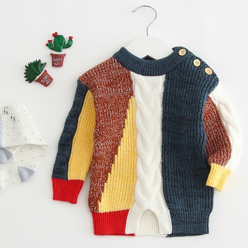 

Autumn and Winter Children Clothing Multi-color Stitching Long-sleeved Knit Sweater, Height:100cm(Colors)