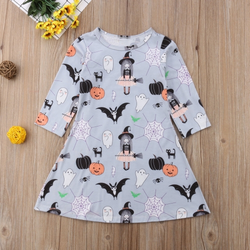 

Autumn Girls Cartoon Halloween Print Long Sleeve Dress, Kid Size:110cm(Gray)