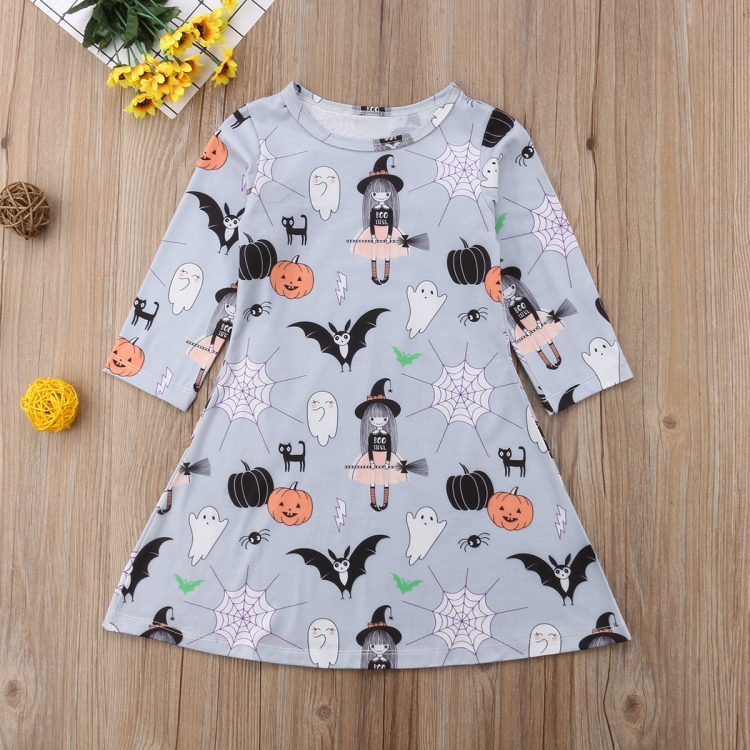 

Autumn Girls Cartoon Halloween Print Long Sleeve Dress, Kid Size:120cm(Gray)
