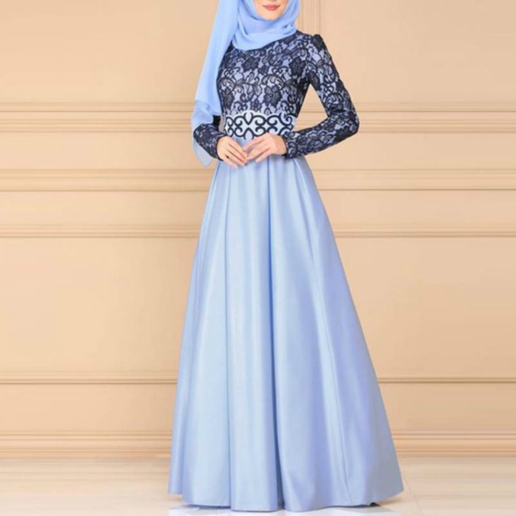 

Lace Stitching Retro Large Swing Dress Ethnic Style Long-Sleeved Slim Dress, Size:S(Sky Blue)