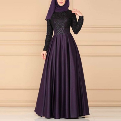 

Lace Stitching Retro Large Swing Dress Ethnic Style Long-Sleeved Slim Dress, Size:M(Purple)