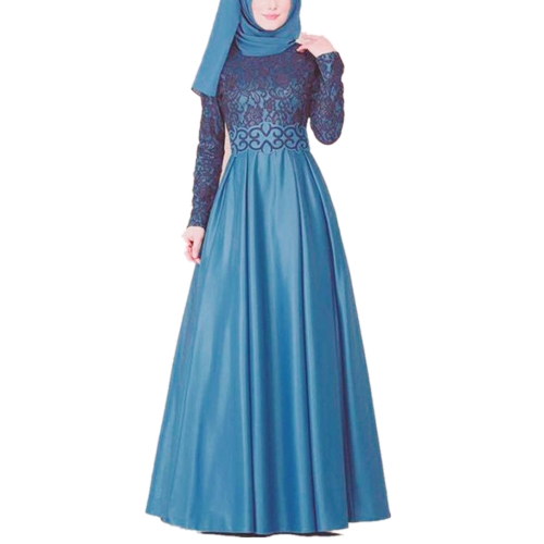 

Lace Stitching Retro Large Swing Dress Ethnic Style Long-Sleeved Slim Dress, Size:XXXL(Blue)