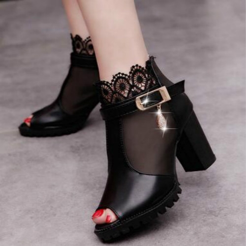 

Lace Yarn Fish Mouth Shoes Breathable Shoes High-Heeled Sandals Shoes, Size:37(Black)