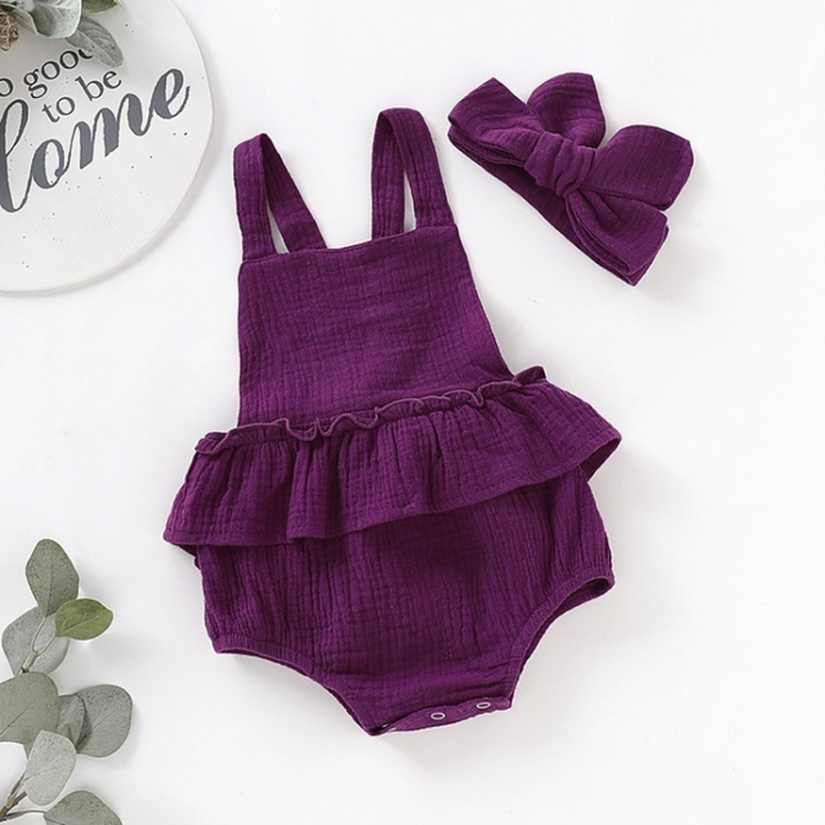 

5 PCS 2 in 1 Baby Girl Solid Color Halter Jumpsuit Romper + Headband Set, Kid Height:70cm(Dark Purple)