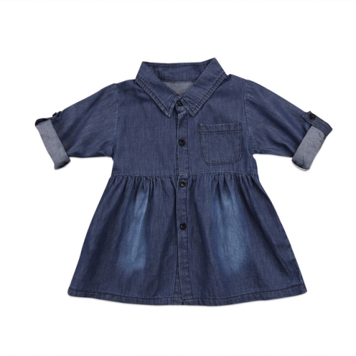 

Girls Denim Lapel Long Sleeve Shirt Dress, Kid Size:100cm(Dark Blue)