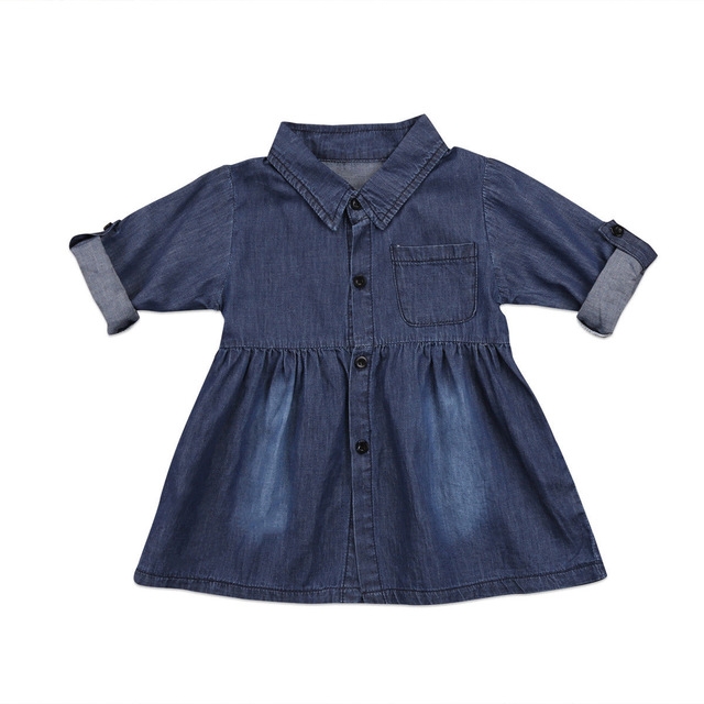 

Girls Denim Lapel Long Sleeve Shirt Dress, Kid Size:110cm(Dark Blue)