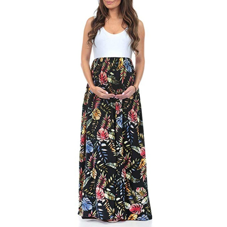 

Round neck sleeveless print Pregnancy Splicing Dress, Size:M(Black)