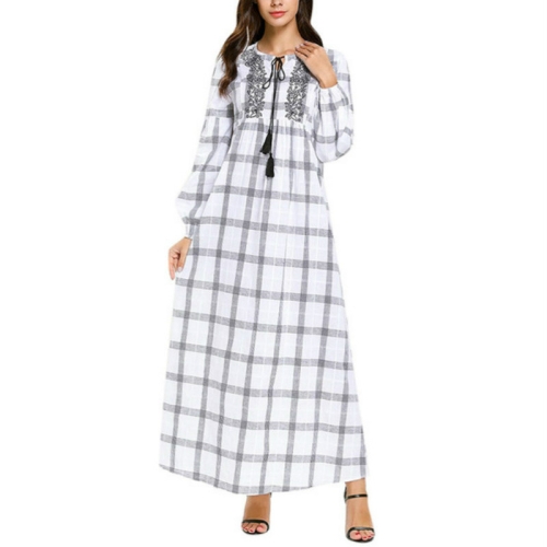 

Plaid Embroidered Fresh Dress, Size:XXL(White)