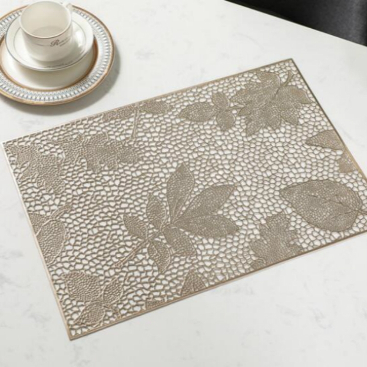 

2 PCS Rectangle Plant Pattern Hollow Placemats PVC Table Mats Coffee Cup Pad(Gold)