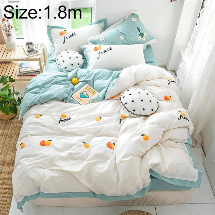 

Washed Cotton Embroidery Solid Color Bed Linen Quilt Pillowcase 4PCS, Size:1.8m-4PCS(Small Orange-White)