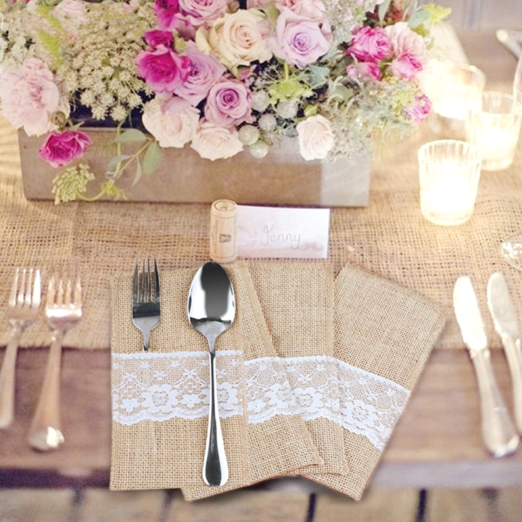 

2 PCS Burlap Lace Cutlery Pouch Rustic Knife Fork Holder Bag