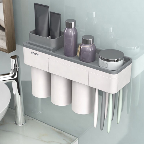 

Free Punching Toothbrush Holder Set Bathroom Shelf, Style:3 Cups(Gray)