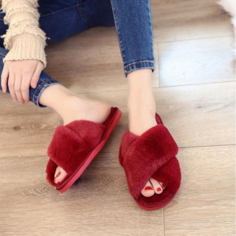 

Cross Warm Plush Women Slippers, Size:38(Wine Red)