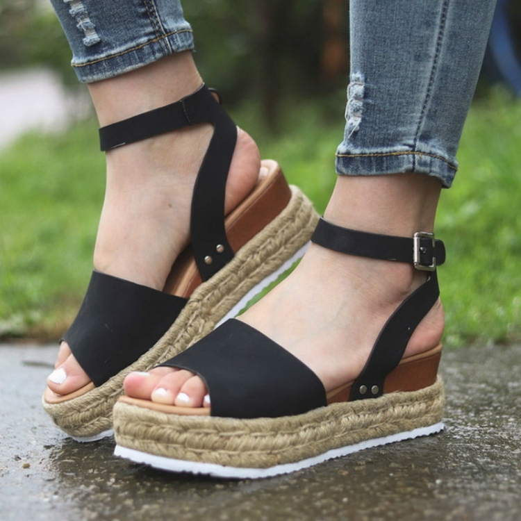 

One-button Buckle Platform Women Sandals, Size:37(Black)