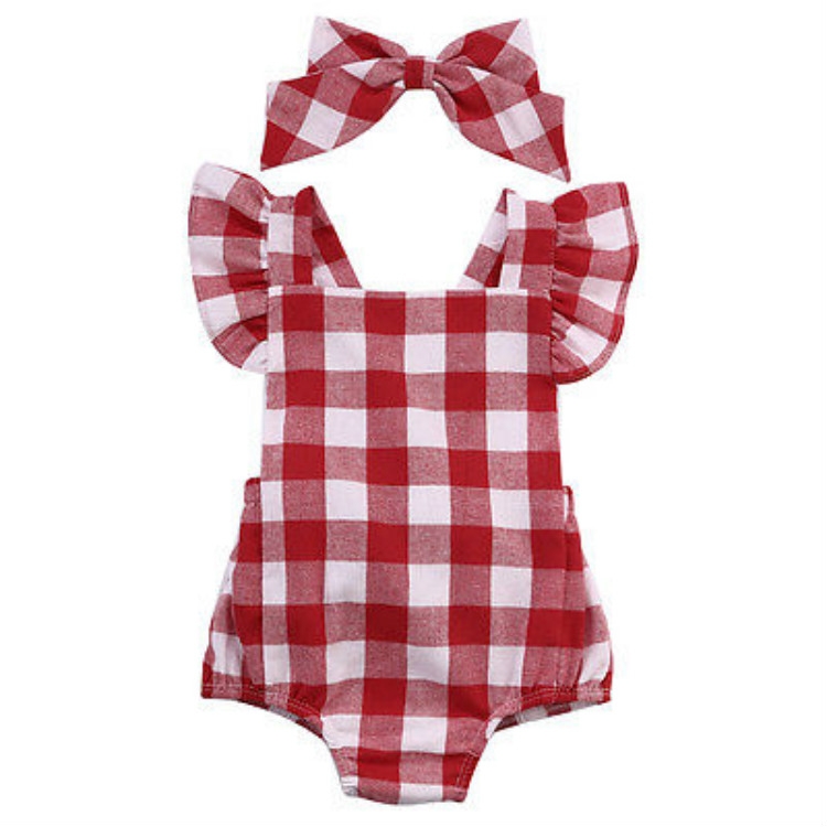 

Baby Girls Plaid Jumpsuit Back Cross Bow-knot Romper, Kid Size:60CM(Red)