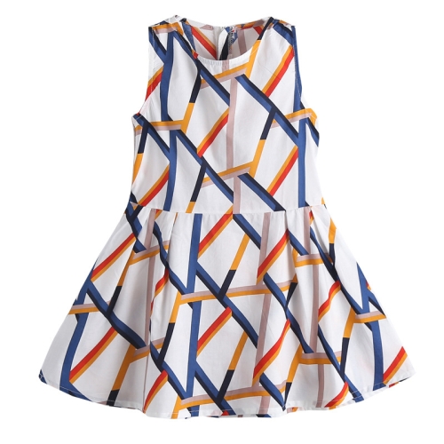 

Sleeveless Geometric Pattern Casual Girls Dress, Kid Size:120cm(White)