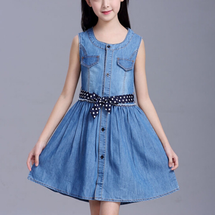 

Summer Girl Sleeveless Denim Skirt Dress, Size:130cm(Dark Blue Dot Belt)