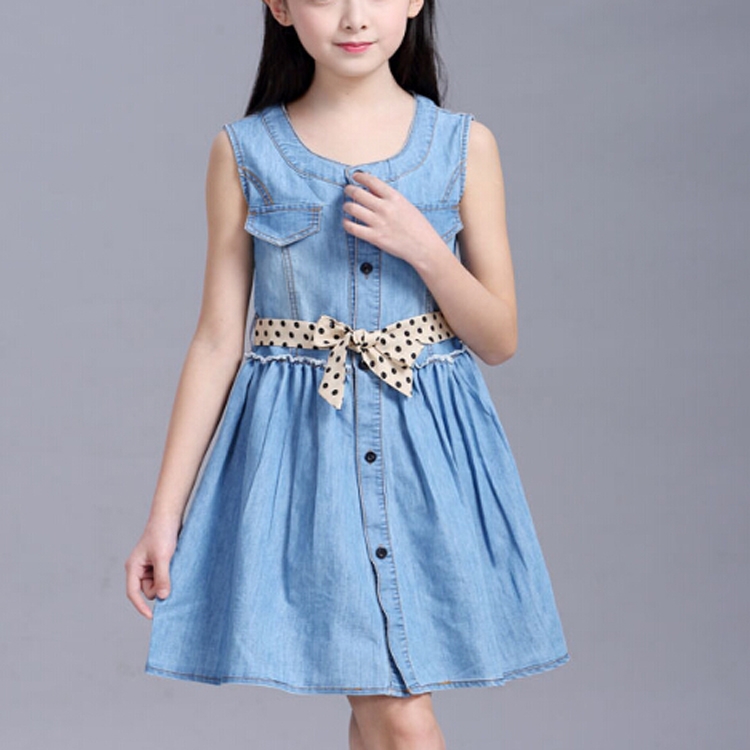 

Summer Girl Sleeveless Denim Skirt Dress, Size:130cm(Beige Dot Belt)