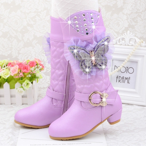 

High-Heeled Bow Children's Lace Rhinestone Plus Velvet Boots, Size:30(Purple)