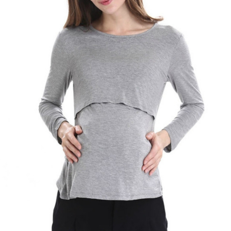 

Long Sleeve Pregnancy Breast Maternity Nursing Tops For Feeding Clothes, Size:XL(Gray)