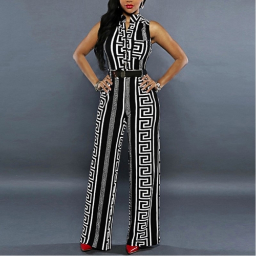 

Single-Breasted High-Waisted Belt Wide-Leg Pants Jumpsuit, Size:S(Striped Black)