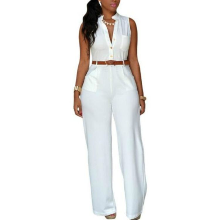 

Single-Breasted High-Waisted Belt Wide-Leg Pants Jumpsuit, Size:L(White)