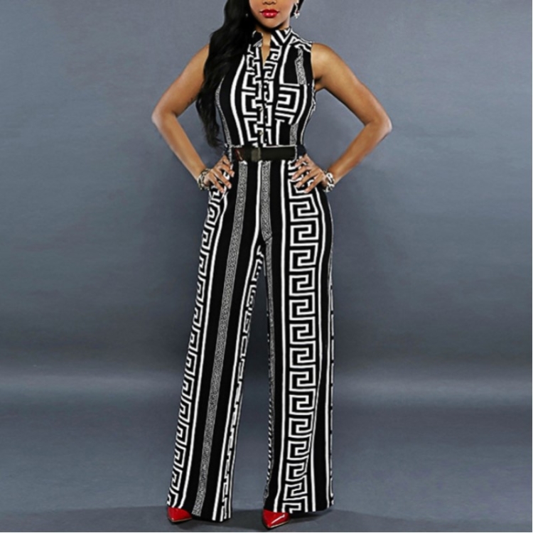 

Single-Breasted High-Waisted Belt Wide-Leg Pants Jumpsuit, Size:XXL(Striped Black)